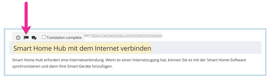 Translation View toolbar options are shown. A callout arrow points at the compare translations option, which is a flag icon.