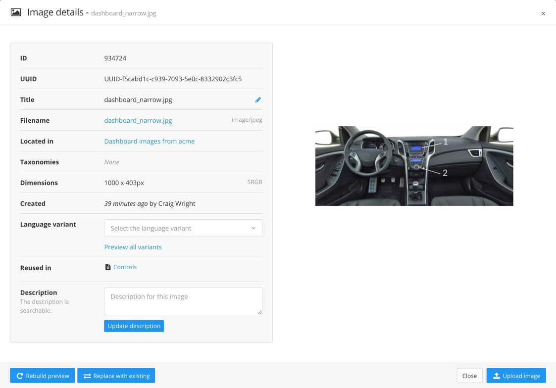 Image details dialog. It provides details about where the image is used, its filename, its taxonomy tags, and its dimensions. There are also settings for setting language variants and an alt text description.