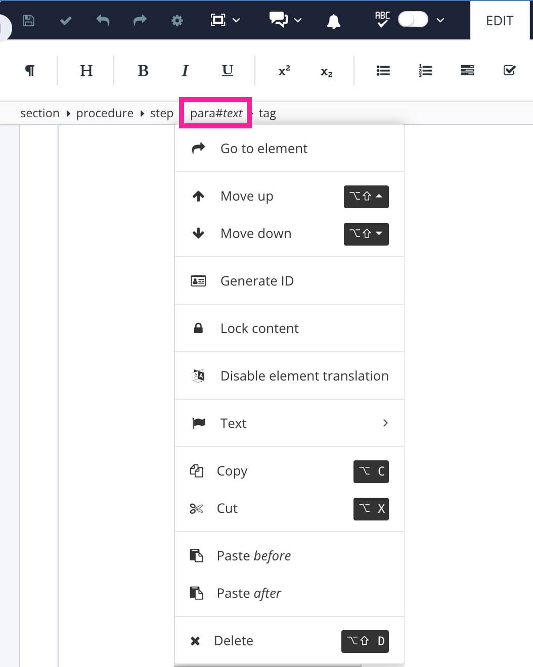 Paligo editor. A close-up of the Element Structure Menu shows that the para element has been selected, revealing a menu of options.