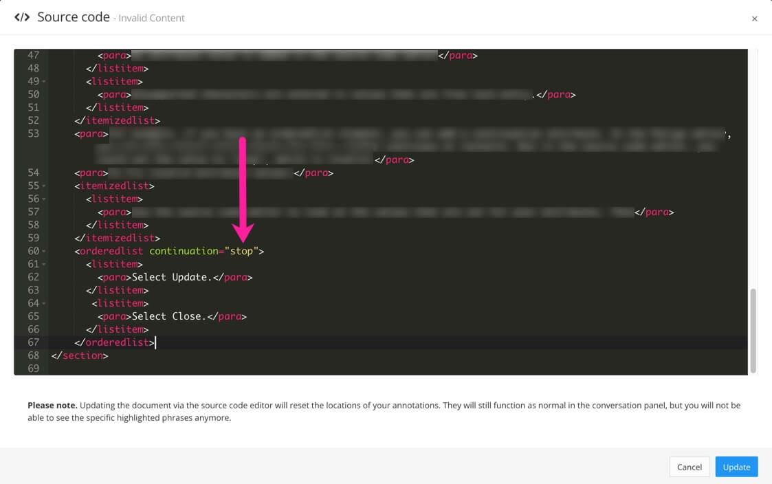 Source code view of a topic. A call out arrow points to code that has continuation="stops". The "stops" is an invalid value for the continuation attribute.