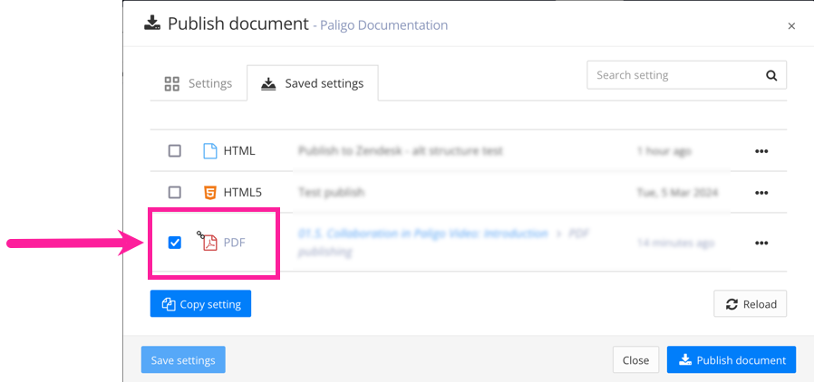 Publish document settings. A callout arrow points to a checked box in front of one PDF publishing settings saved profile.