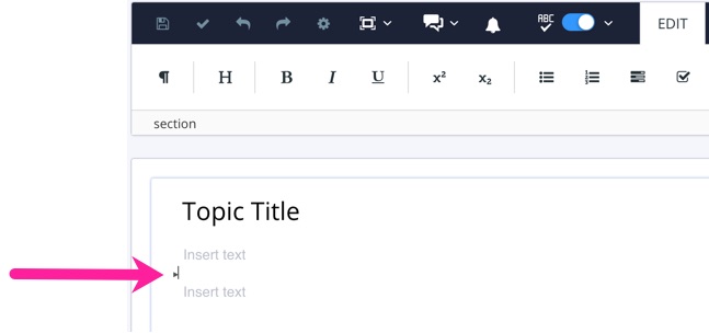 Topic that has a title and two para elements in it. A callout arrow is pointing to the cursor position which is between the two para elements.