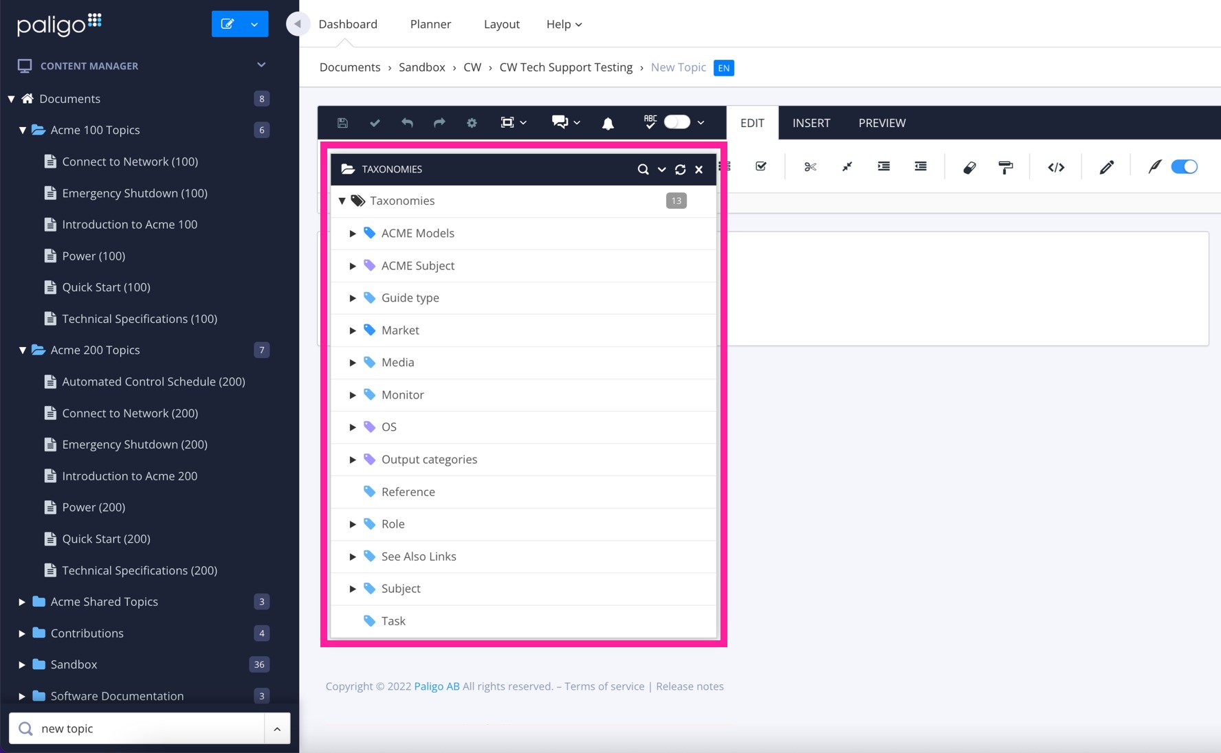 Floating content panel showing taxonomy hierarchy. It is a moveable panel that is not fixed to any position on the user interface.