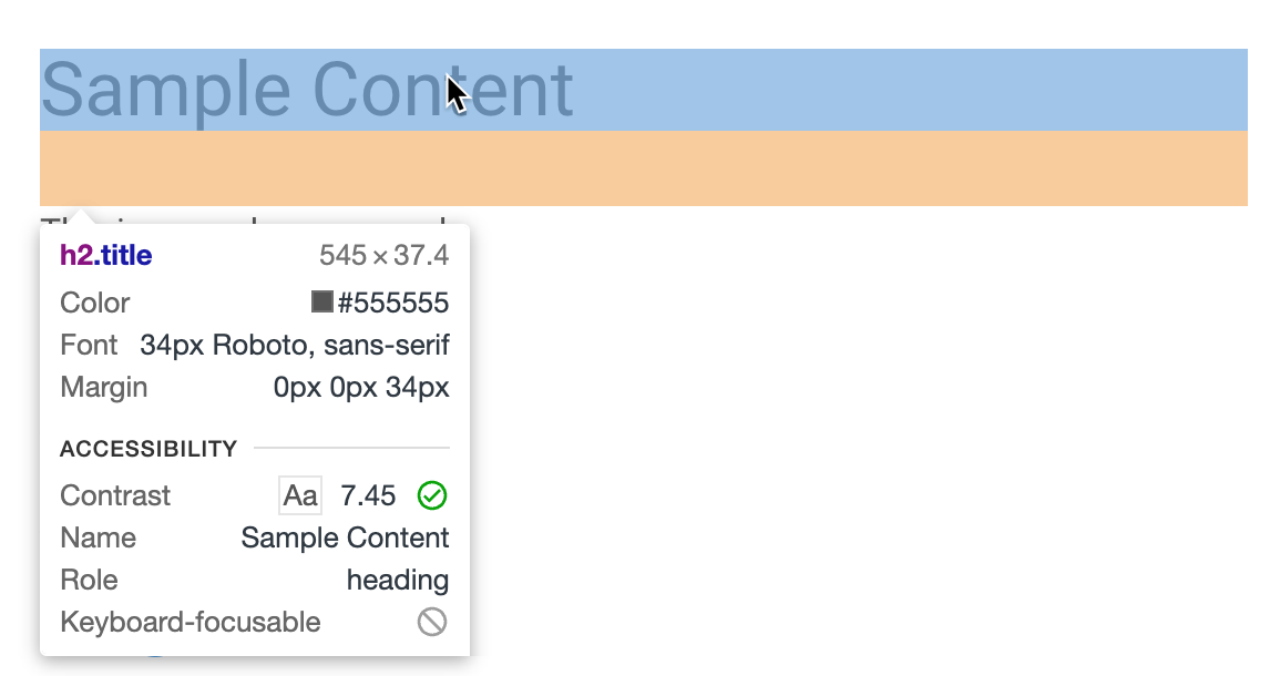 Close up of Paligo topic in the editor. The title of the topic selected and a pop-up shows that it is h2.title in the CSS