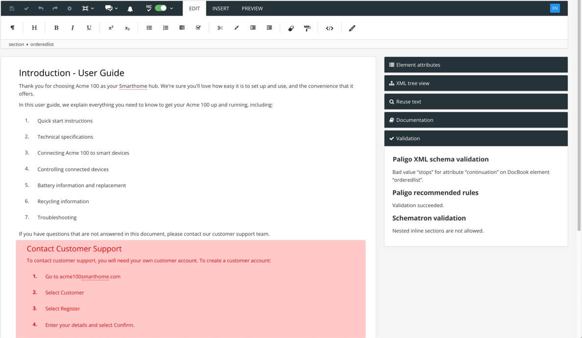 A Paligo topic that contains validation errors. A section is highlighted in red as it contains an error.