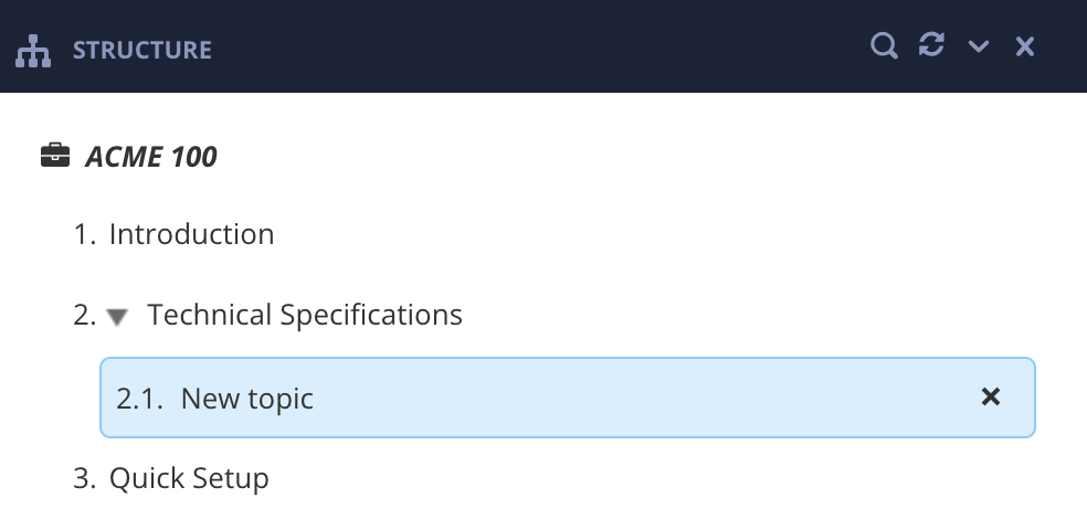 Publication structure. A new topic fork has been added at the second level in the structure.