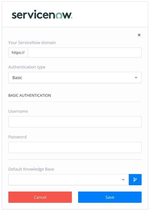 ServiceNow integration dialog with settings for URL, authentication type, username, password, default knowledgebase and publishing status.