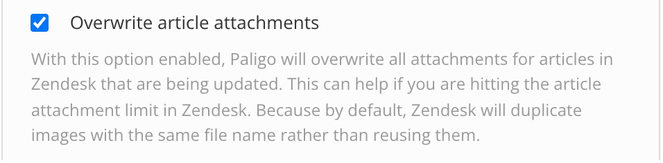 Overwrite article attachments checkbox in Zendesk integration settings