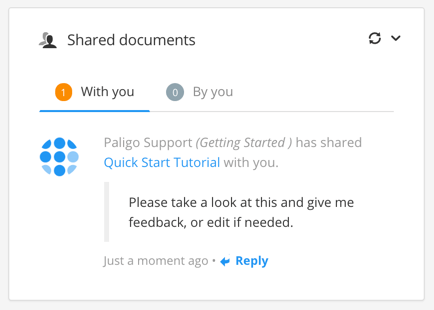 Shared documents information on the dashboard. There is a With You tab for documents others have shared with you. A By You tab shows the documents you have shared with others.