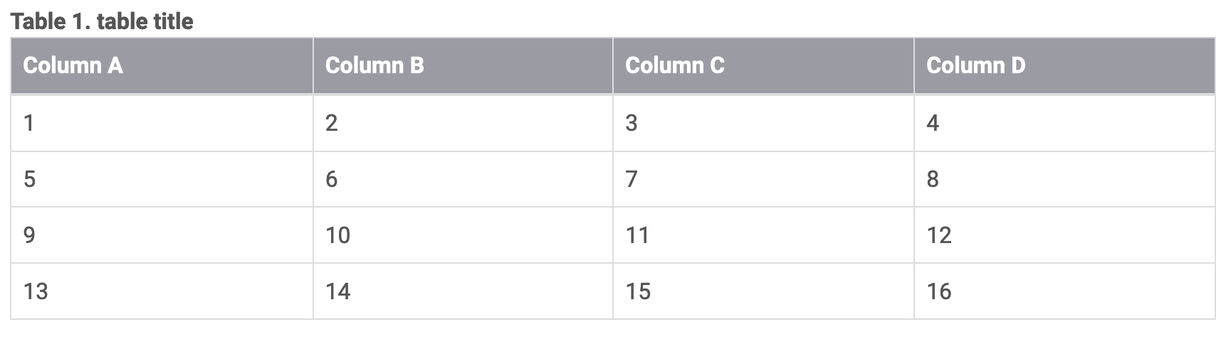 Table with a gray header. The text in the header is white. The text in the table is black.