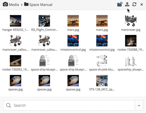 Media browser dialog. It shows the images in a "Space Manual" folder. There is a search field at the bottom to search for other images , a folder path at the top to browse to different folders. There are also options for creating a folder, uploading new images, and refreshing the browser view.