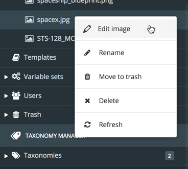 Image file selected in the Media library. Its options menu is shown and the Edit image option is being selected.