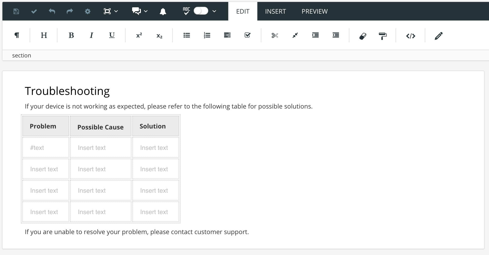 Troubleshooting topic template containing paragraphs and a table.