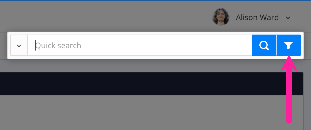 Quick search bar. A callout arrow points to the advanced search icon (a funnel).