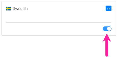 Swedish language setting. The ISO country code is shown in the top corner and there is a slider for turning the language on or off. A callout arrow points to the slider.