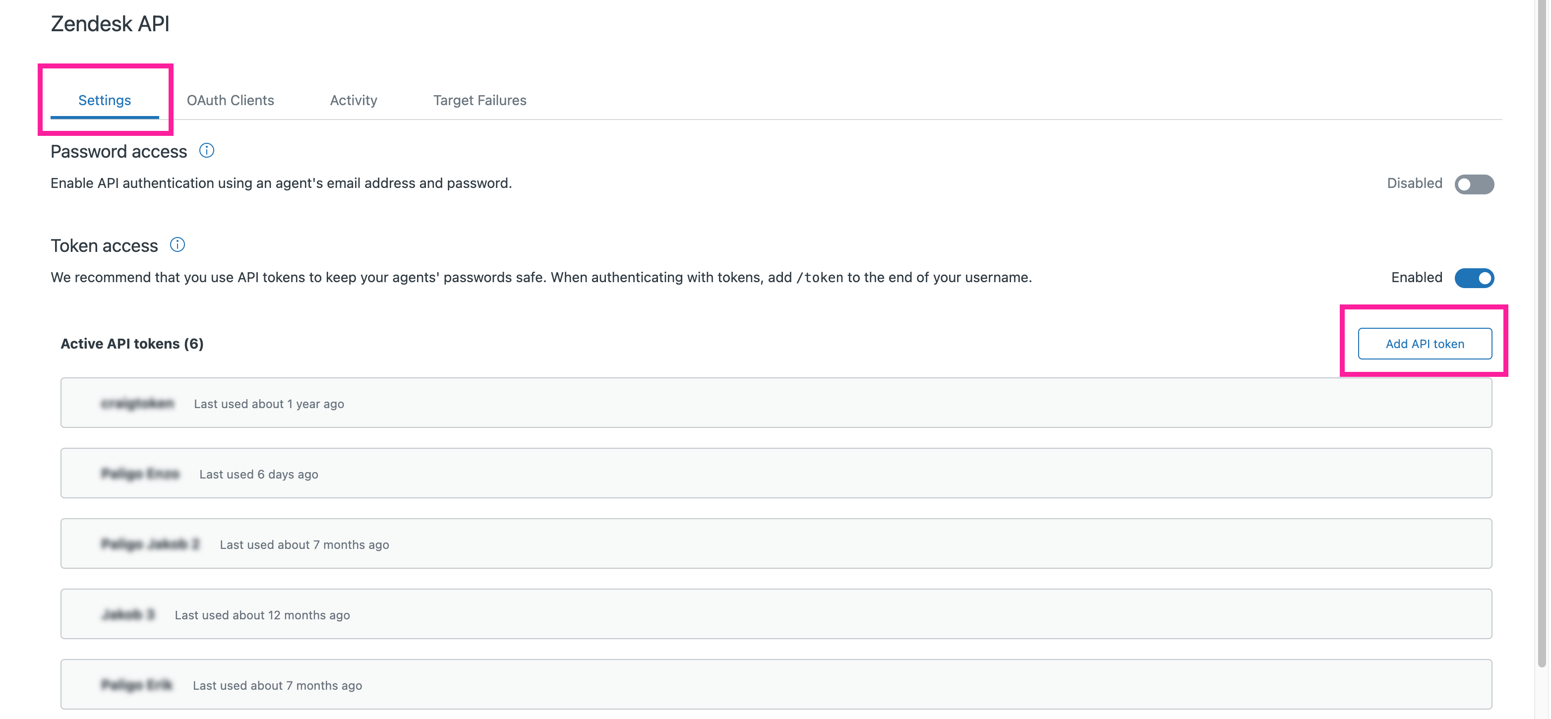 Zendesk API settings (in Zendesk). The Add API Token button is highlighted.