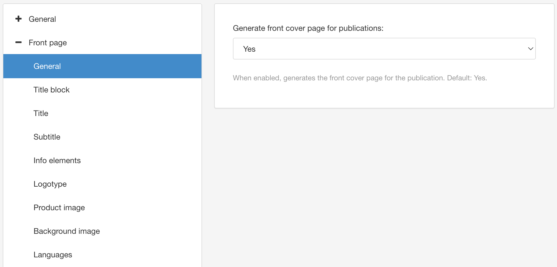 PDF Layout editor showing Front Page and General settings. There is a generate front cover page for publications setting.