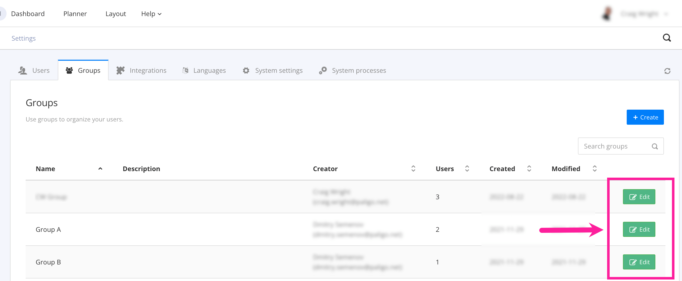 Groups tab shows existing user groups in a table. There is one user group per row, and each row has an edit button.