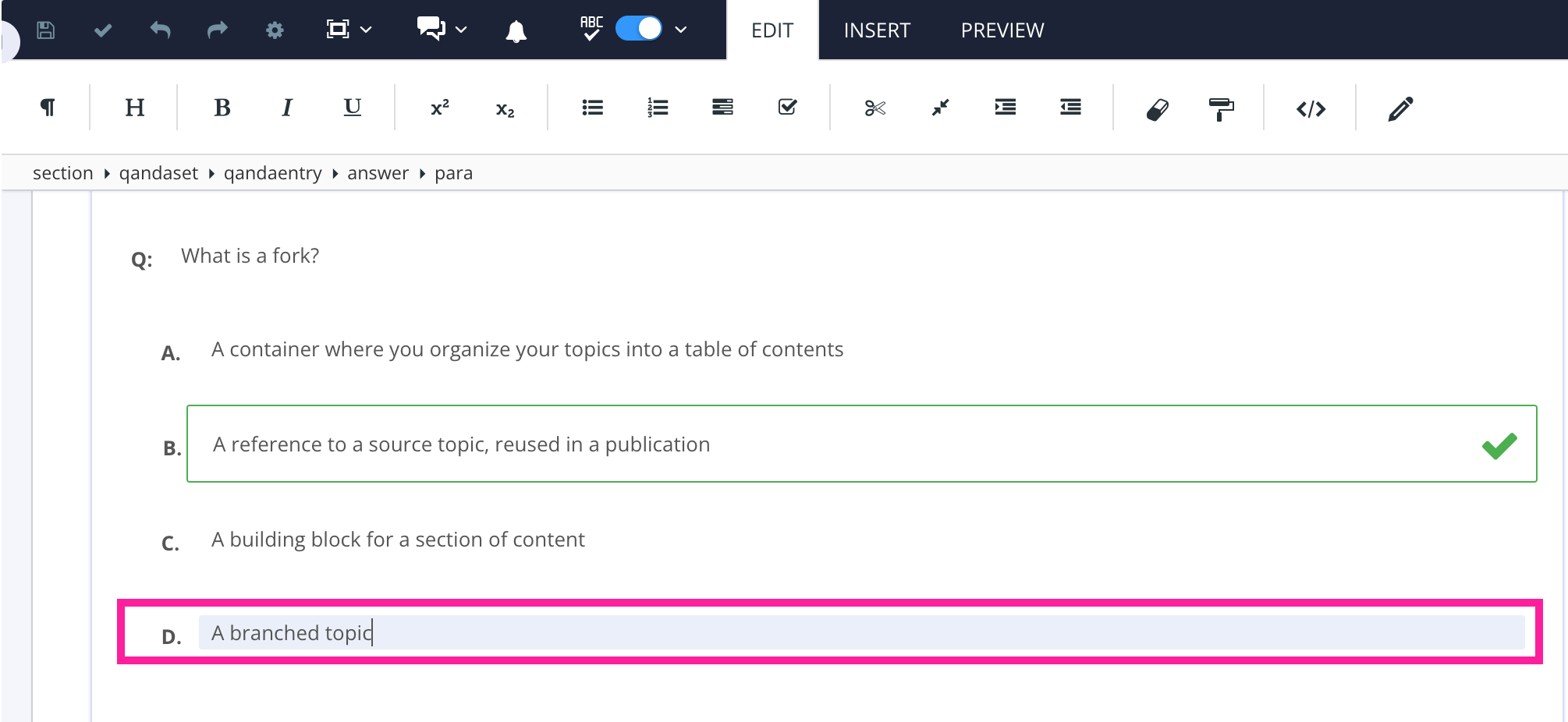 Quiz topic in the Paligo editor. An answer is highlighted to show that the user has selected the answer text.