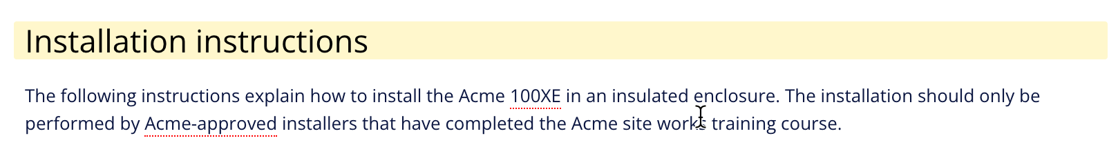 Content in the Paligo editor. The title is highlighted yellow to indicate that a user has left a comment for the title.