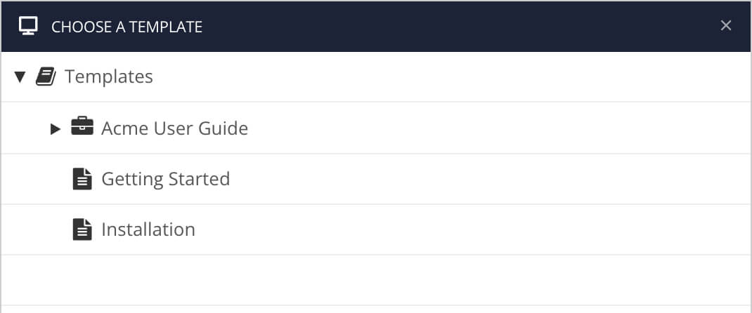Templates dialog has options for the templates that exist in the Paligo instance.