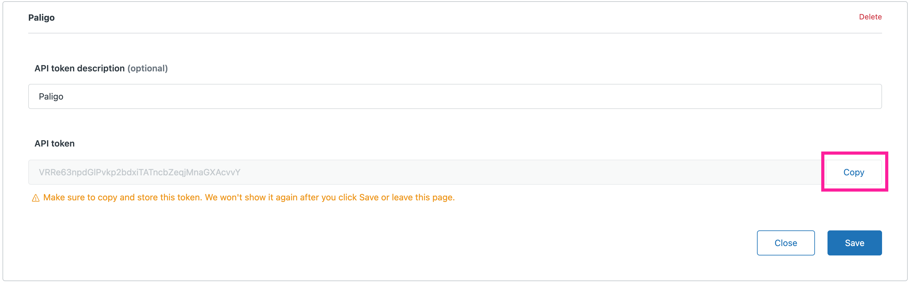 Zendesk new api token settings. The Copy button is highlighted.