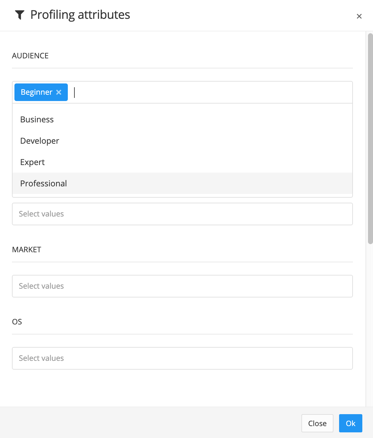 Profiling attributes dialog. The Audience filter is selected and the Beginner value is chosen.