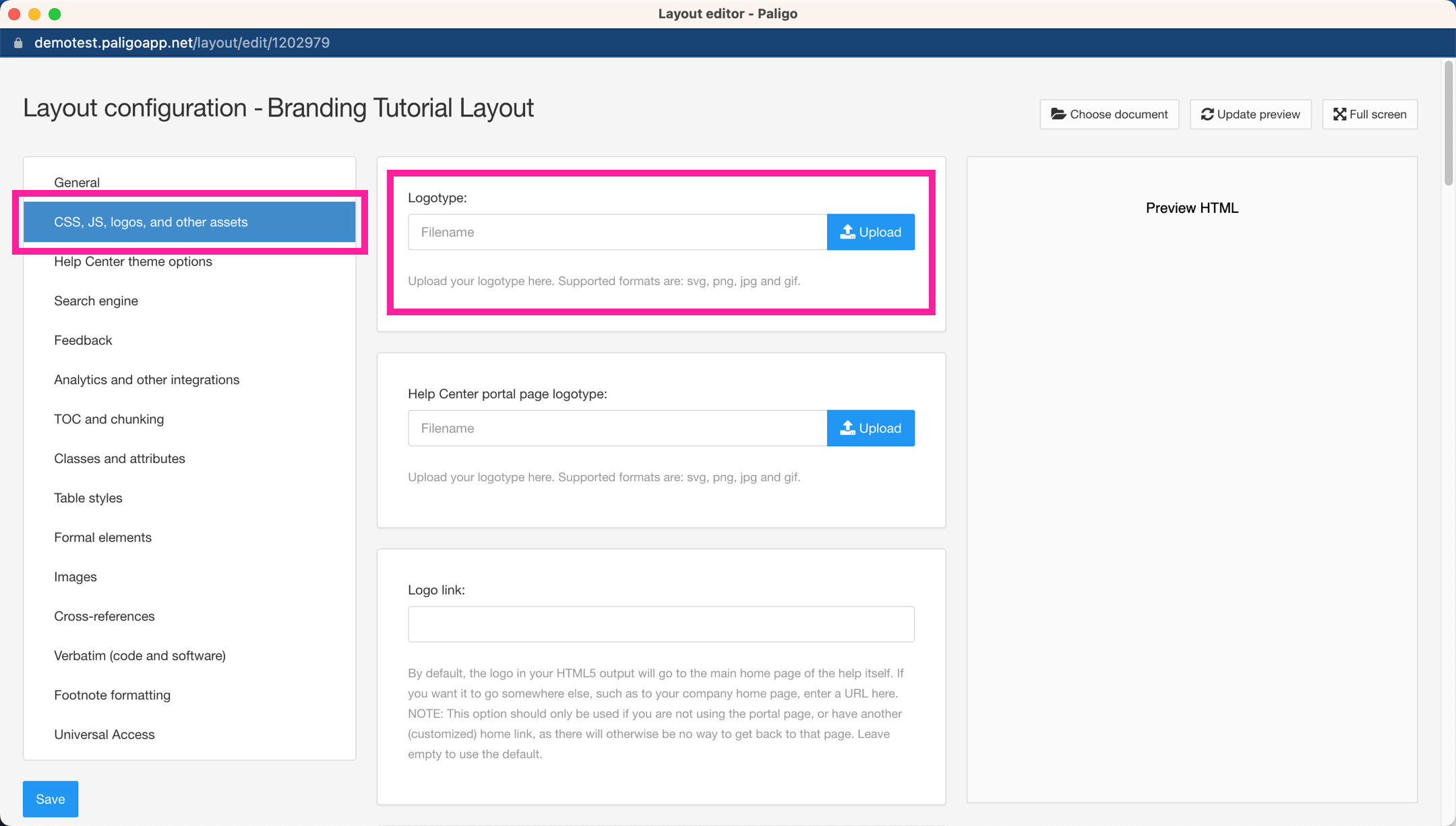 HTML5 Help Center Layout. In the sidebar, the option CSS, JS, logos and other assets is highlighted. In the main area, the Logotype setting is highlighted.