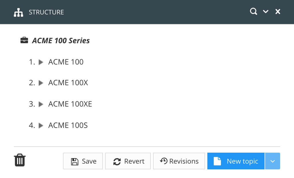 Paligo publication structure. It shows the publication is called Acme 100 Series and at the top-level, it has 4 topics: Acme 100, Acme 100X, Acme 100XE, and Acme 100s.