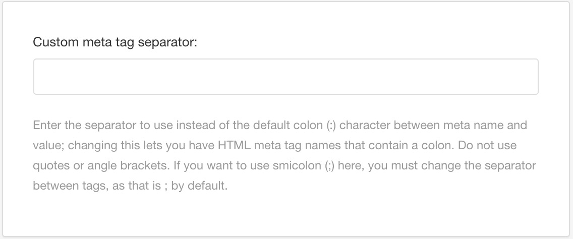 HTML5 layout editor settings. Custom meta tag separator field for defining the separator character between the meta name and value.