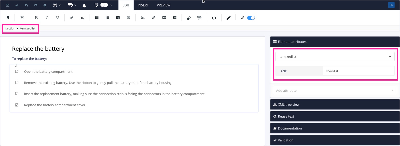 The paligo editor showing a topic that has a checklist. The element structure menu shows the section > itemizedlist structure. The Element attributes section shows that the itemizedlist element has a role attribute with a value of checklist