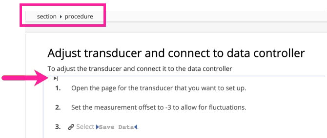 Close-up of top of topic. The element structure menu shows that the procedure element is selected. There is a title, some text, and a procedure in the topic. A callout arrow points to the cursor position which is inside the procedure but before step 1.