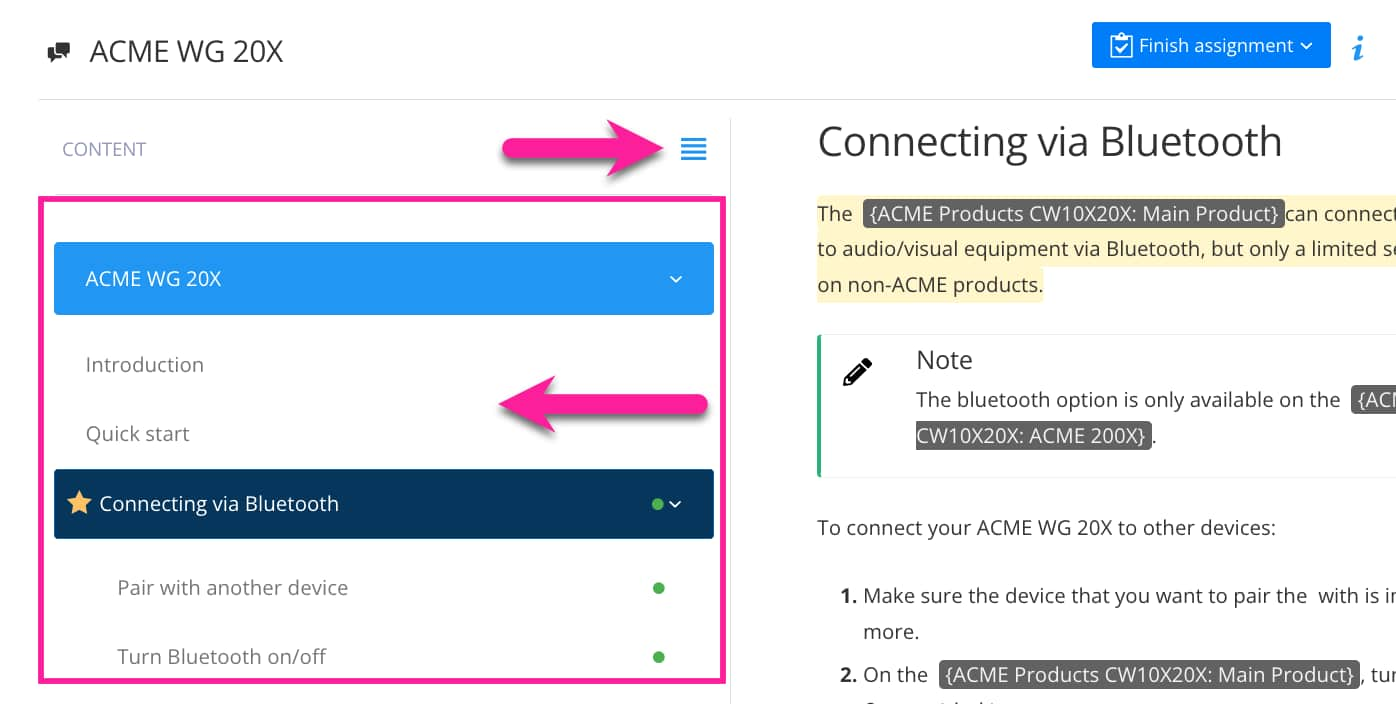 The review mode display. On the left is a sidebar. An arrow points to the sidebar's menu icon and another arrow points to a topic in the table of contents. The topic has a gray highlight. On the right-side of the display is the content.