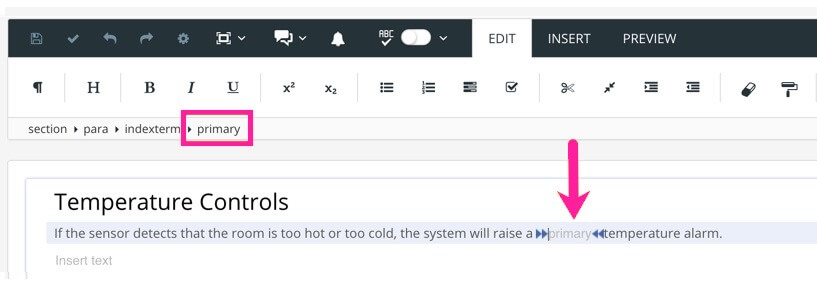 Paligo editor shows a para element that contains an indexentry element. Inside the indexentry element is a primary element.