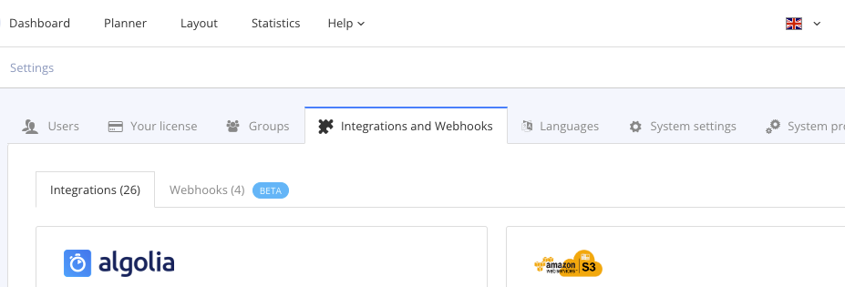 Paligo settings. The Integrations and Webhooks tab is highlighted.