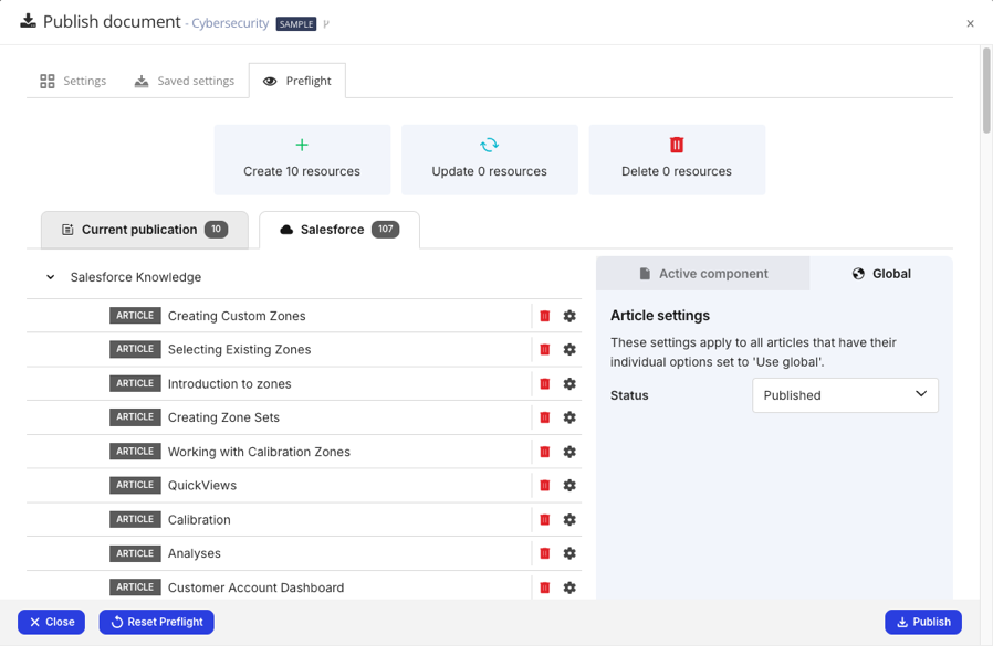 Publish document dialog when using a Salesforce Knowledge layout for publishing. The Salesforce tab is selected, revealing a list of the articles that already exist in your Salesforce instance. It does not include any articles for the publication you are currently publishing.