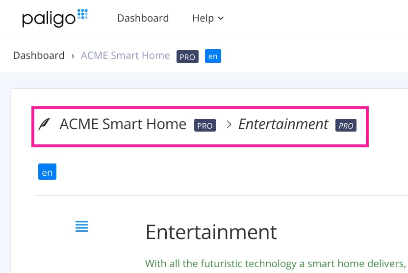 A fork breadcrumb at the top of the editor. It shows ACME Smart Home has a PRO label and is the parent. Then there is Entertainment as a child and that also has a PRO label.