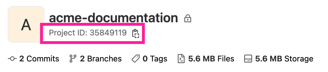 Close-up of project details on a Gitlab project page (in Gitlab). The project ID is shown below the project name.