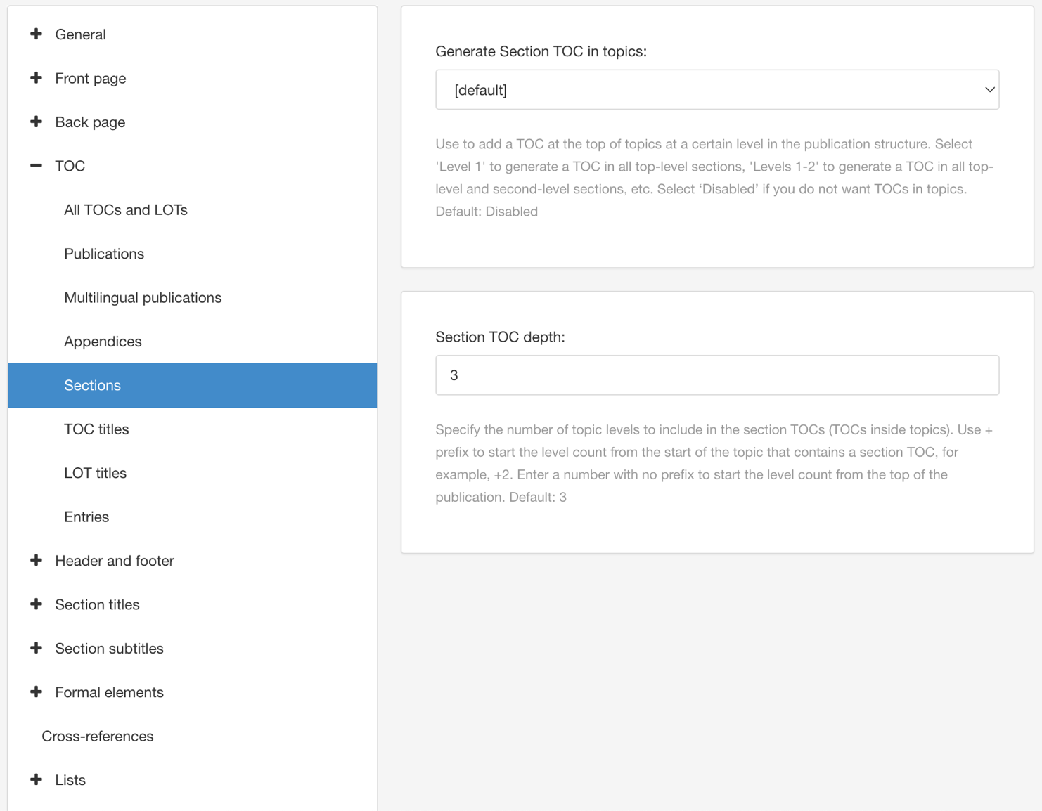 PDF Layout. TOC settings. Sections category.