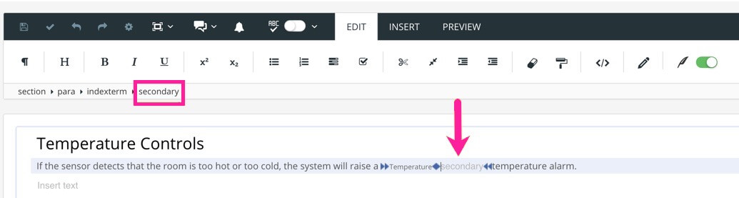 Paligo editor shows a para that contains an indexentry element. Inside the indexentry element there is a primary element with the main term. After the primary element is a secondary element.