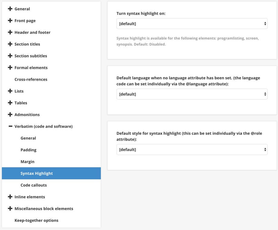 PDF layout editor showing Verbatim (code and software) settings is open, and Syntax Highlight is selected. The main display area shows the Syntax Highlight editing settings.