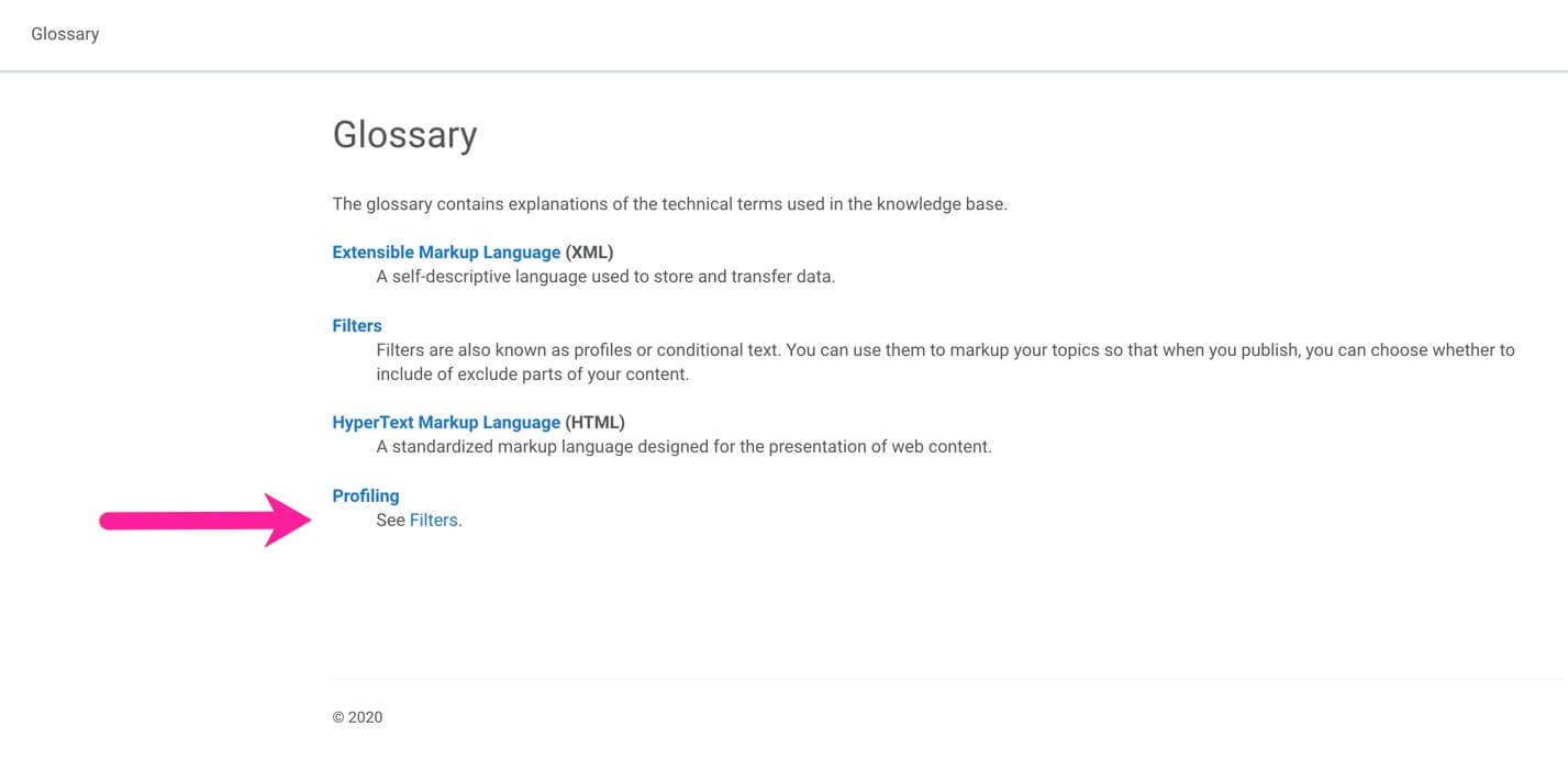 Example of a glossary output. There is a glossary heading with a list of glossary terms and their definitions. An arrow points to the term for "Profiling" and its entry shows "see Filters"