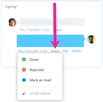 Status option selected for a specific comment. There is a menu with Done, Rejected, Mark as read, and Unset status.