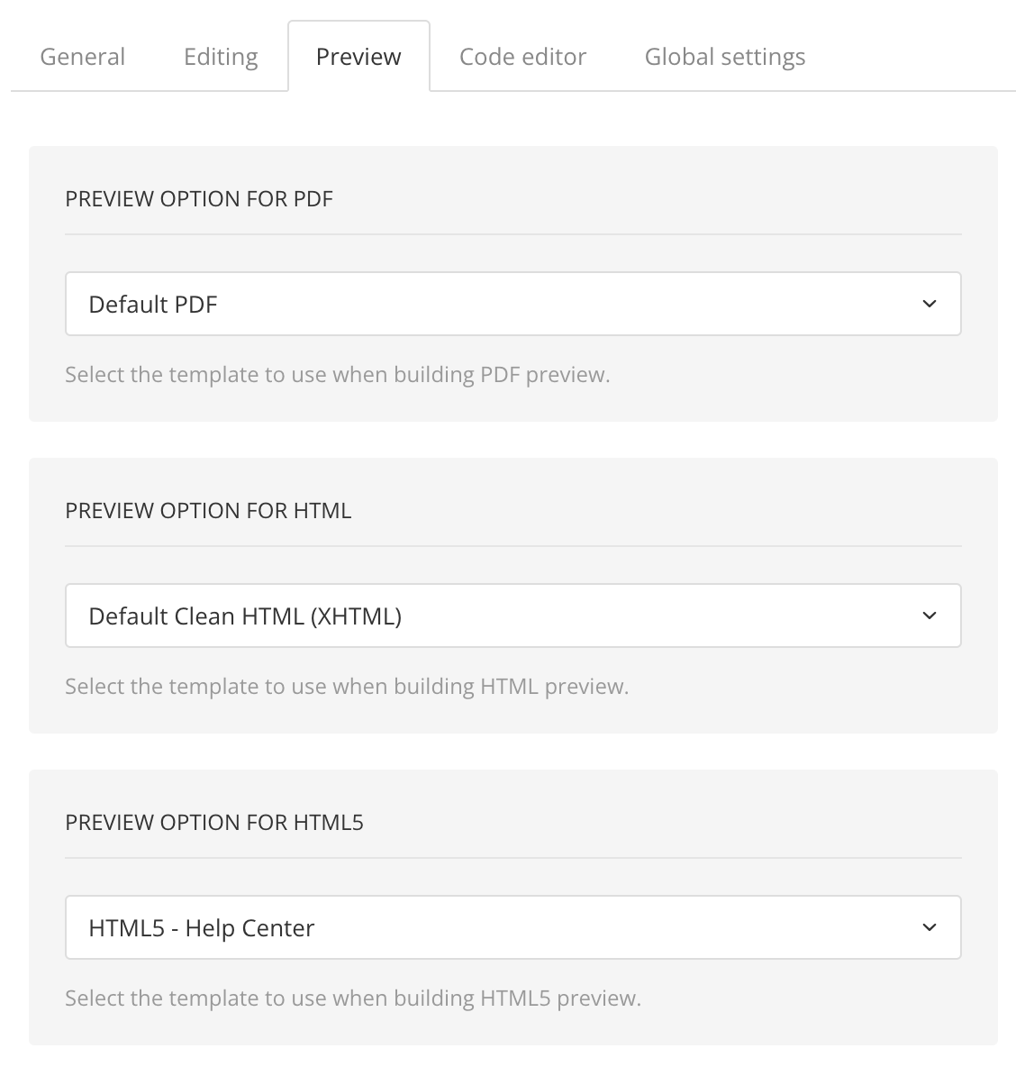 Editor settings, preview tab. It has three sections - preview option for pdf, preview option for HTML, and preview option for HTML5. Each section has a dropdown menu that contains a list of layouts.