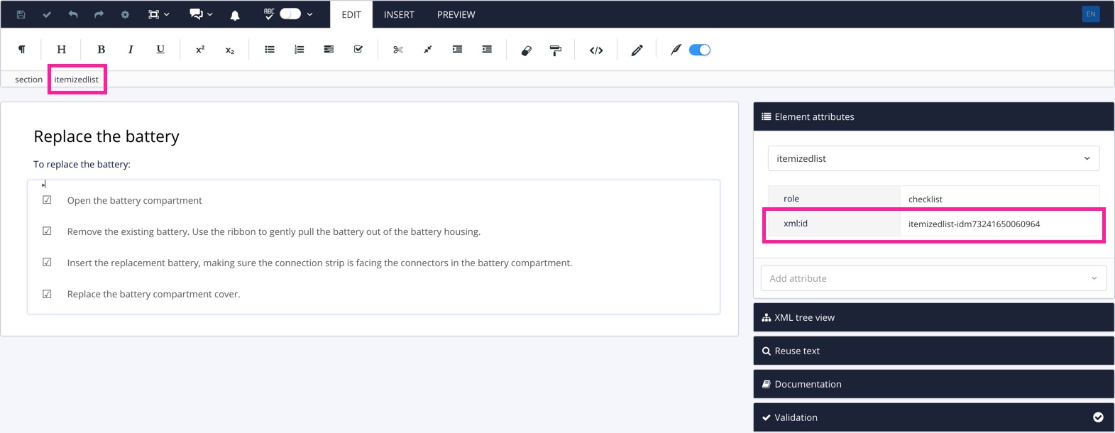 Paligo editor shows the itemizedlist element is selected. In the element attributes, it has an xml:id.