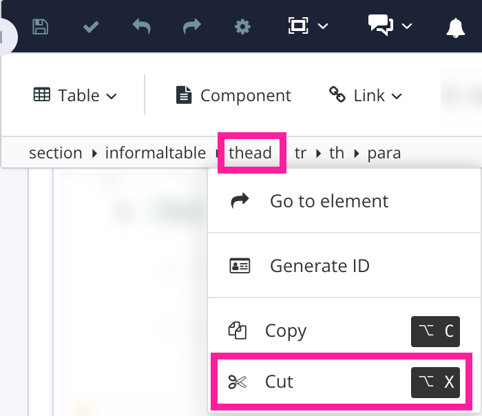 Element structure menu. The thead element is selected revealing a menu and the cut option is highlighted.