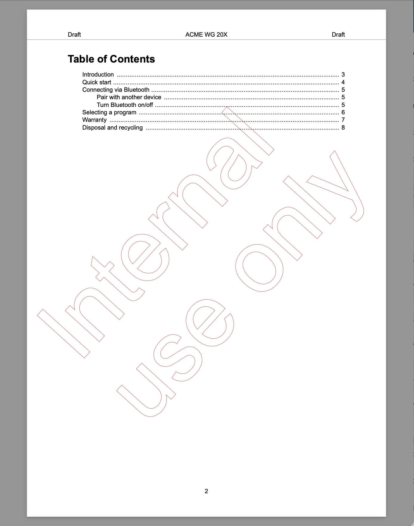 Table of contents page for a PDF. It has draft in the header and "internal use only" shown as outlined letters running diagonally across the page
