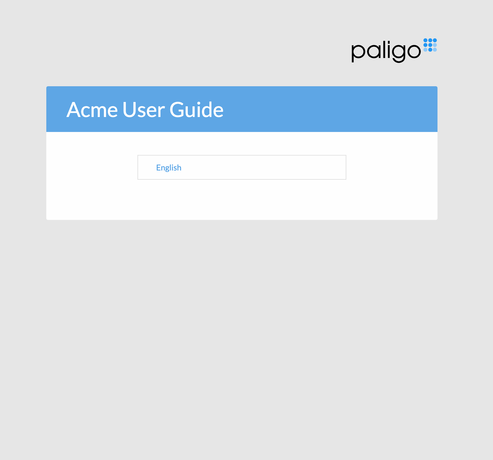 HTML5 classic output. The landing page has the name of the publication and then a box for selecting the language. This appears even if there is only one language. In this image, English is the only language listed.