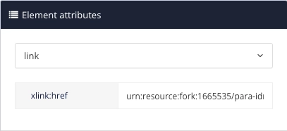 Element attributes panel shows a link element is selected. The link element has the attribute xlink:href and a value beginning with urn:resource:fork.