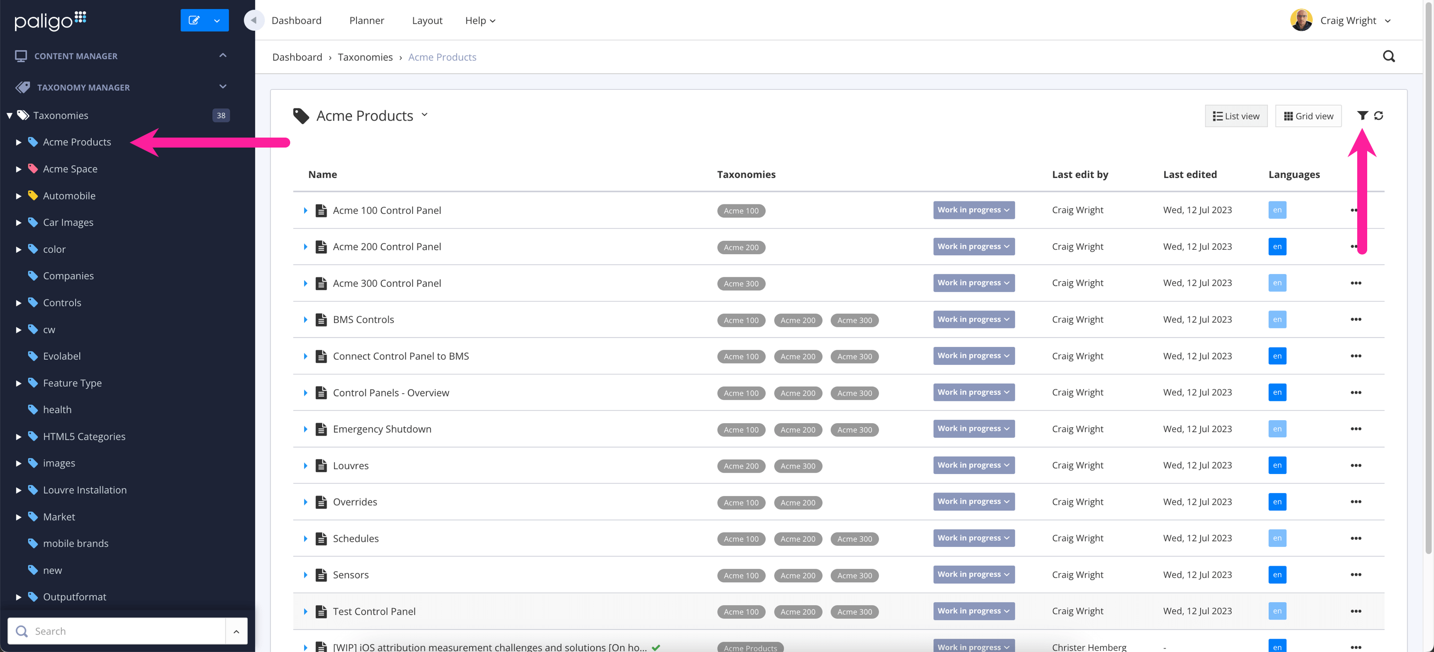 On the left, a callout arrow points to a taxonomy tag in the Content Manager. In the main area, Paligo displays a list of components that have the selected taxonomy tag. A callout arrow points to the funnel icon at the top-right of the list.